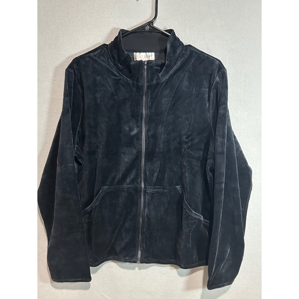 Sport Savvy QVC Jacket Black Velour Womens Large Full Zip Athleisure Velvet
